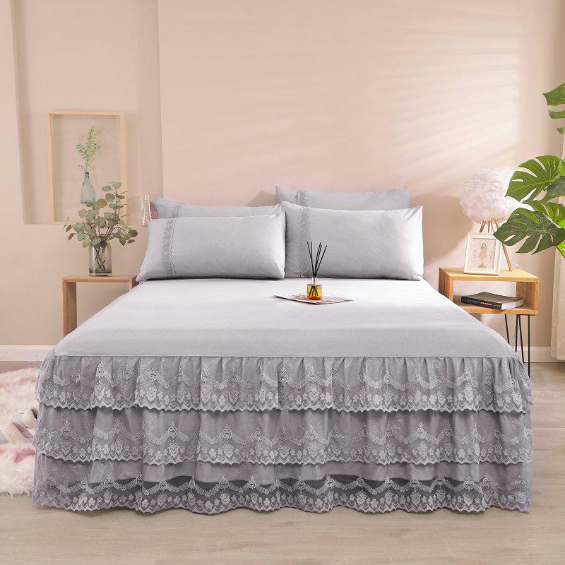 French Lace Bed Skirt: Single-Piece, Anti-Slip, Concealing Bed Cover with Skirt Hem 48x74cm pillowcase pair серый