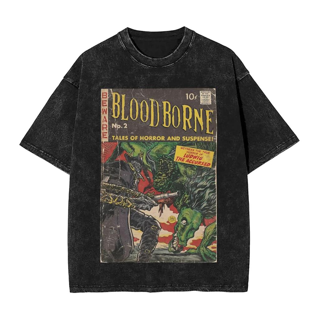 Hot Game Peripherals Bloodborne Darks Souls Graphic Print TShirt Streetwear Vintage Washed Cotton Top Oversized Summer New Tees