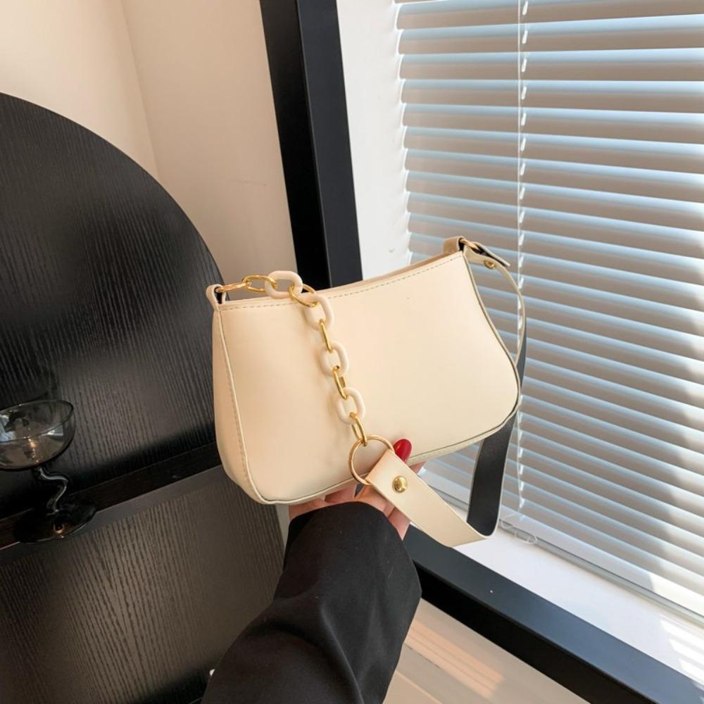 

Square Chain Shoulder Bag Solid Color Women Underarm Bag Simple PU Leather Handbag Girl бежевий