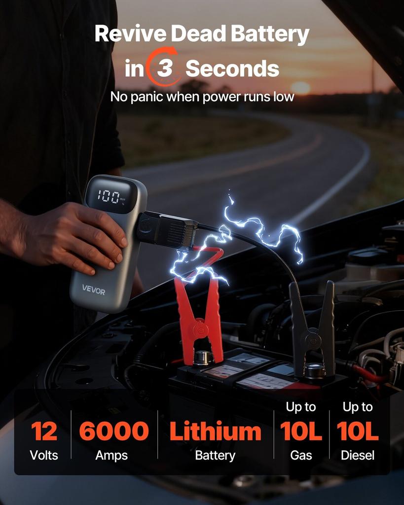 Starthilfegerät, 6000A Spitzenleistung, Auto Starthilfebatterie-Pack, 12V Tragbarer Lithium-Batterie-Booster, Starthilfebox Powerbank mit 3 Modi Taschenlampe und