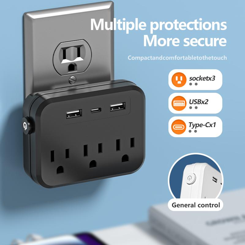US Switch with surge protector Mini Portable Power socket 6-in-1 Multifunctional 3 sockets 2 USB ports 1 Type-C