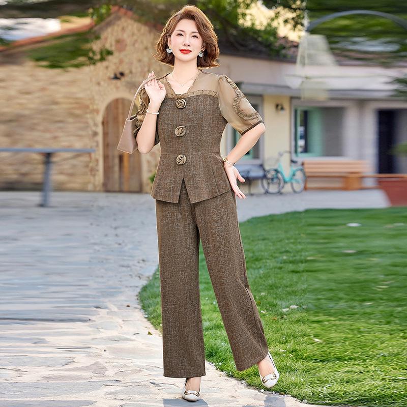 2026 Summer Suit Set: Stylish Age-Reducing Two-Piece for Middle-Aged & Elderly Women with Fashionable Wide-Leg Pants