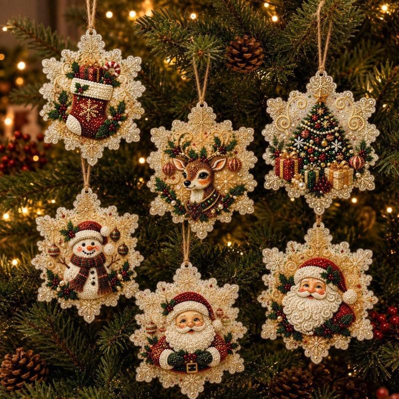 6PCS Christmas Wooden Ornaments DIY Kit Unfinished Diamond Painting Beads for Tree Hanging Holiday Home Craft Decor Supplies