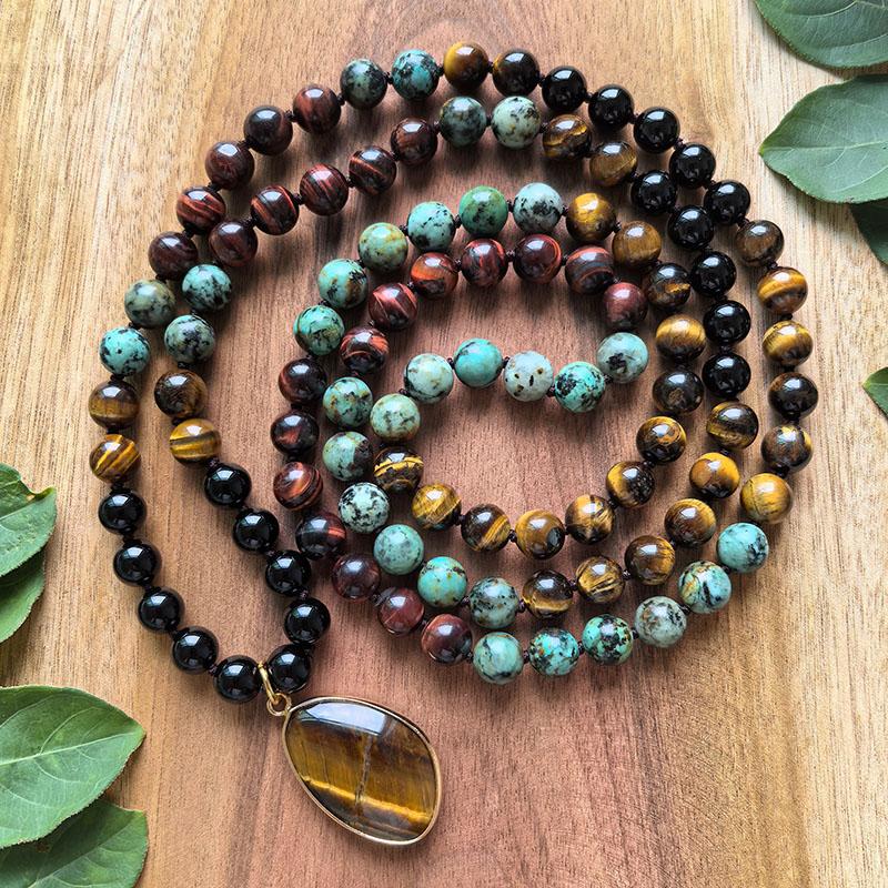 108 Beads Hand Knotted Mala Necklace,Tiger s Eye,African Turquoise,Japa Mala,Meditation,Healing Crystals,Yoga Prayer Jewelry