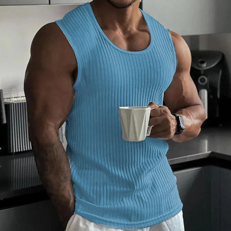 Summer Men's Sleeveless Wide Shoulder Knitted Stripe Fitness Sports Leisure Fit Tank Top
