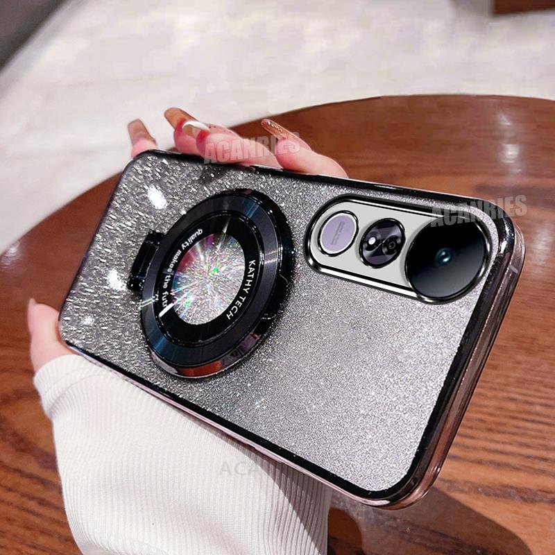 

Plating Ring Holder Gradient Glitter Silicone Case For Vivo V50 Lite 4g 5g V50lite Girl Shockproof Protect Soft TPU Stand Cover vivo V50