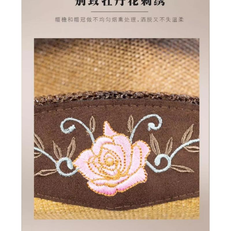 Three Dimensional Embroidery Handmade Western Cowboy Straw Fedora Hat
