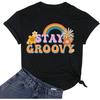 Women Stay Groovy Shirt Rainbow Floral Graphic 70s Hippie T Shirts Casual Short Sleeve Tee Top