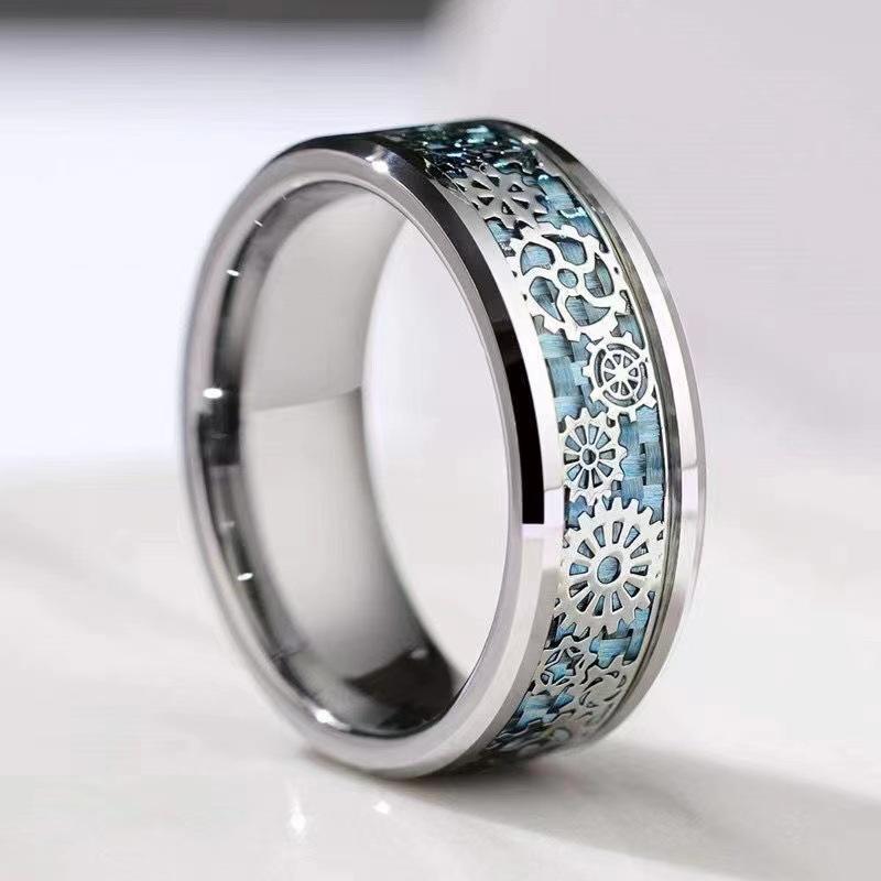 

Trendy Men s 8mm Steel Color Groove Beveled Edge Tungsten Wedding Carbon Fiber Ring Punk Gear Wheel Stainless Steel Ring for Men 6