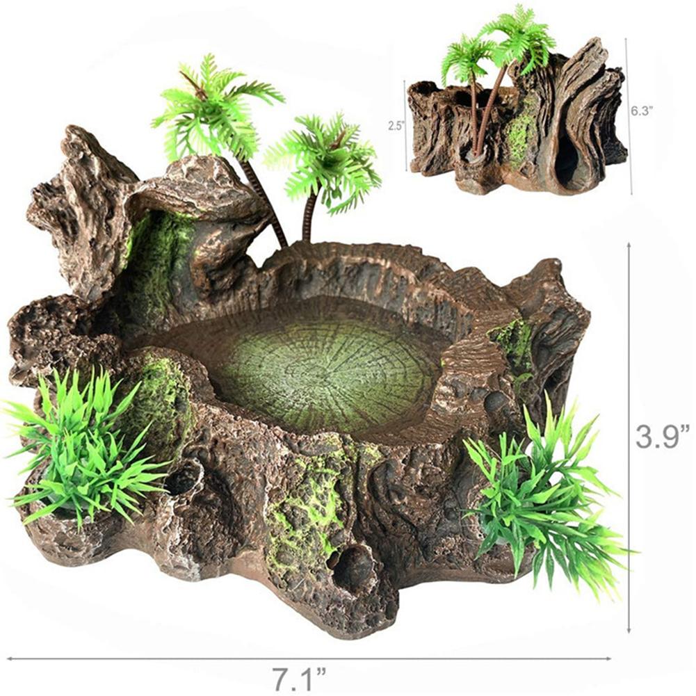 Reptile Food Feeding Bowl Water Dish Artificial Tree Trunk Moss Decor For Turtle Lizard Gecko Snake