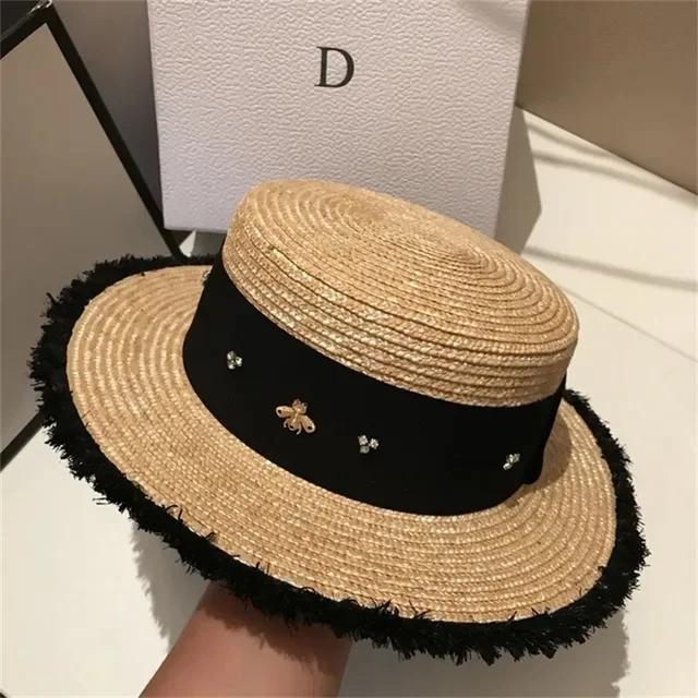 2023 Summer sun hat Lafite grass French straw hat Women's chain decorated straw hat Holiday Sun hat Punk style beach