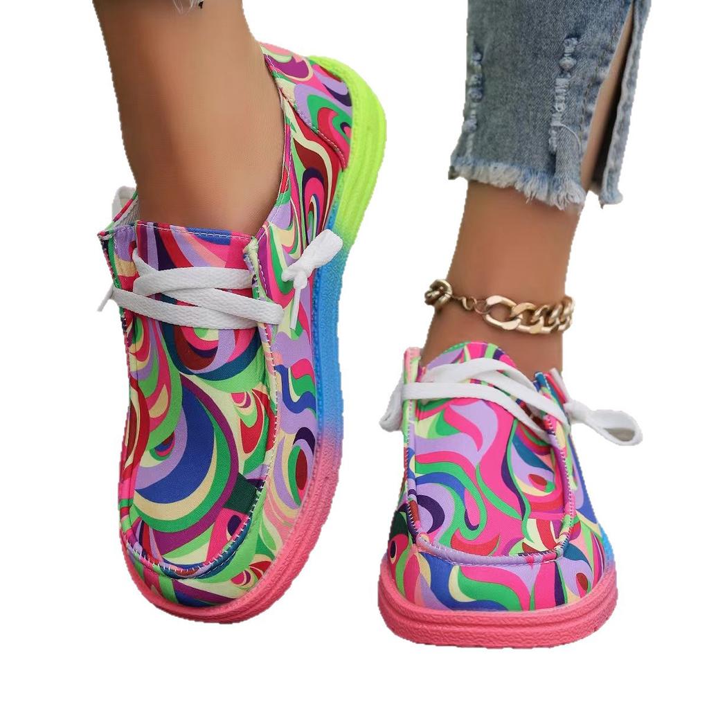 2025 Autumn Foreign Trade New Large Size Lace-up Color Low-top Single Shoes Women's Candy Color Lazy Canvas Flat-soled Single Shoes