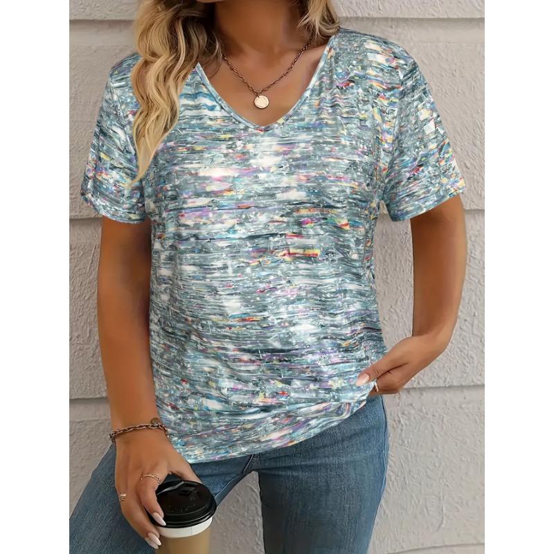Fashion Colorful Stripe T-Shirts  Print New Women's Casual Short Sleeve V-Neck  Tees Harajuku Tops Female Clothing