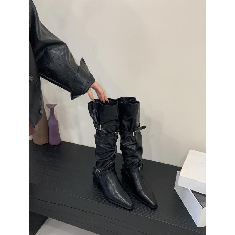 2025 new fashionable versatile European and American suede square heel knight boots long boots thin high boots women