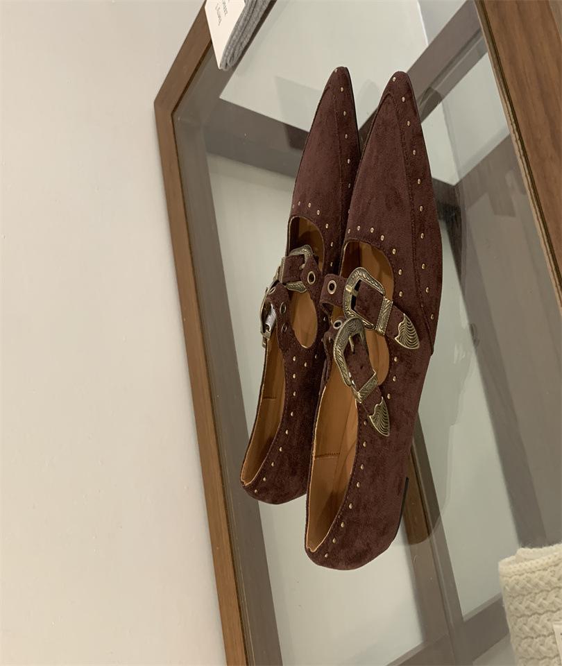 Inner fashion rivet pointed belt buckle Mary Jane shoes women's 2025 new retro versatile single shoes