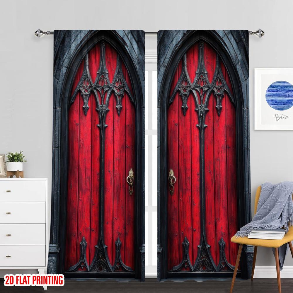 Flat Printing Drapes Gothic Doors Red Versatile Polyester Without Electricity Festive Backdrops Applies Curtain Set Of 2 Made Washable