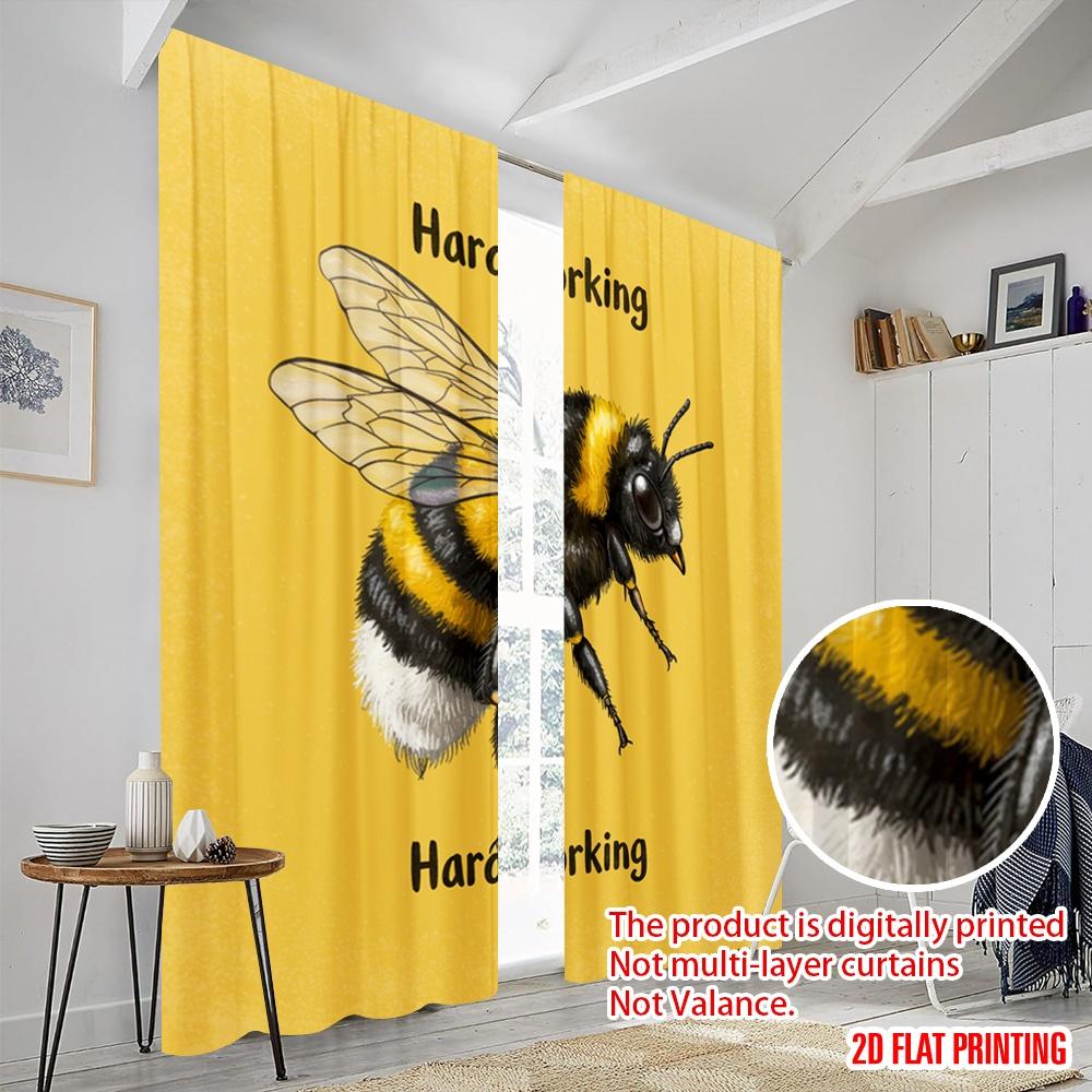 2pcs 2D Flat Printing Window Curtains Hard-working Bee Cute Bumblebee 100% Polyester Without Electricity Festive Holiday for
