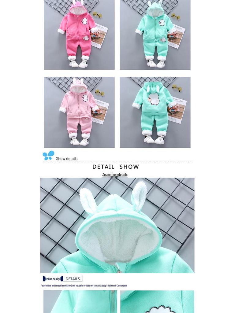 2021 Höst/Vinter Fleecefodrat Barntecknat Tvådelat Set för Pojkar och Flickor Åldrar 0-4