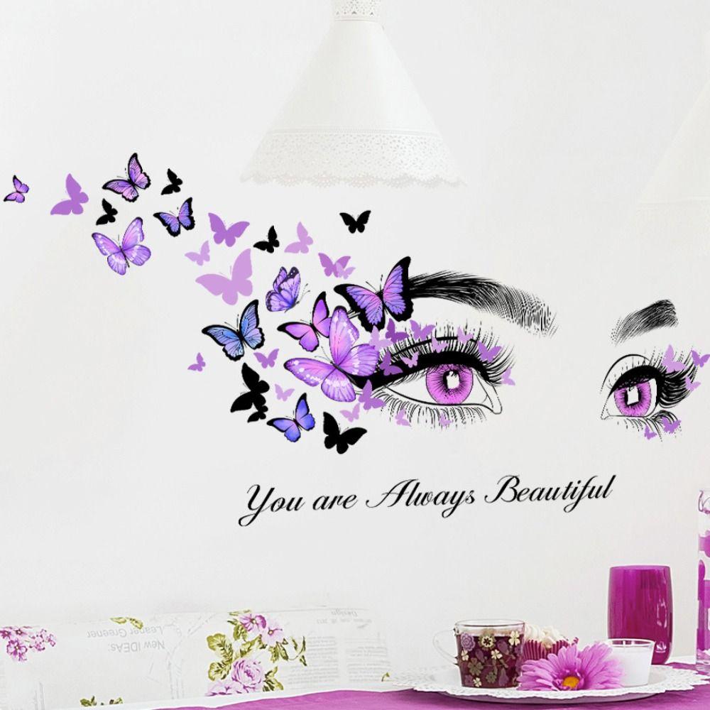 PVC Purple Eyes Decal English Slogan Butterfly Wall Stickers Modern   Bedroom