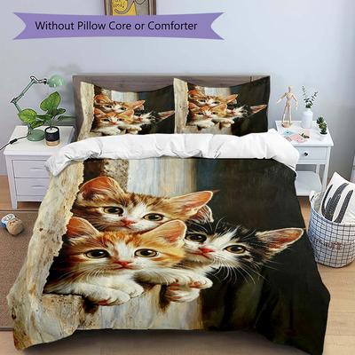 3Pcs Curious Kittens Out Bedding Set Quilt Cover Pillowcase Home Christmas Xmas Halloween Gift 1 Duvet Cover 2 Pillowcase M924217