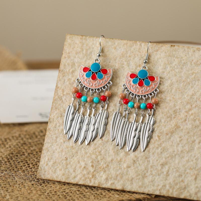 Fashion Bohemian Enameled Flower Geometric Earrings For Women Vintage Boho Ethnic Metal Leaf Tassel Drop Dangle Earrings Zircon