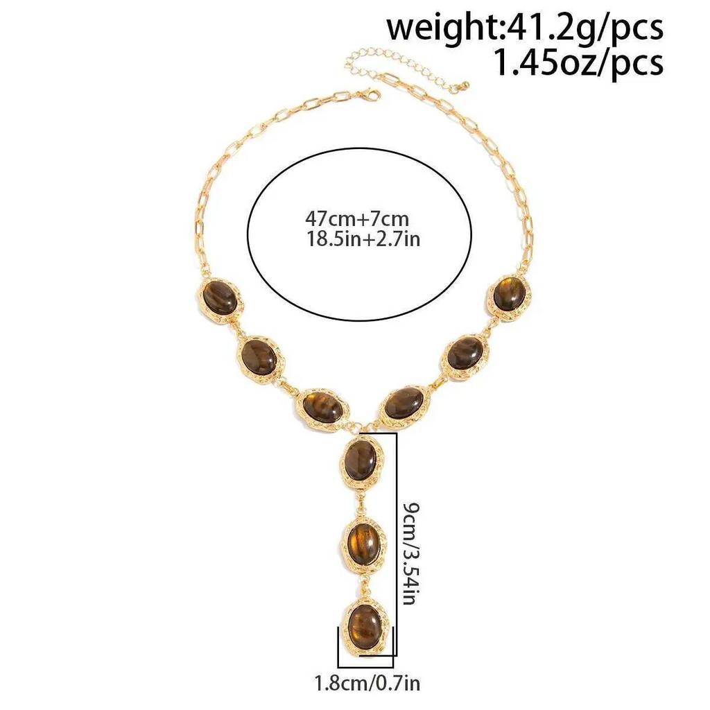 IngeSight.Z Retro Ethnic Brown Tiger Eye Stone Resin Pendant Necklace Women Trendy Yshaped Sweater Chain Party Jewelry Accessory