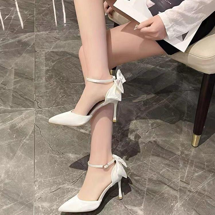 Bow Wedding Shoes Side Empty Single Shoes Women's Spring 2025 New Stiletto Wedding Dress Pointed White High Heels Women's Shoes