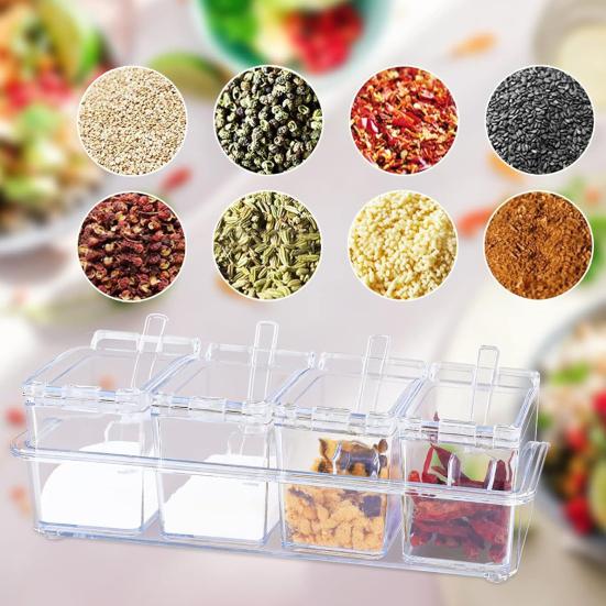 Yousheng Transparent Spice Container Set with Lids And Spoon 4-in-1 Kitchen Organizer for Salt Sugar Pepper Airtight Pantry Storage