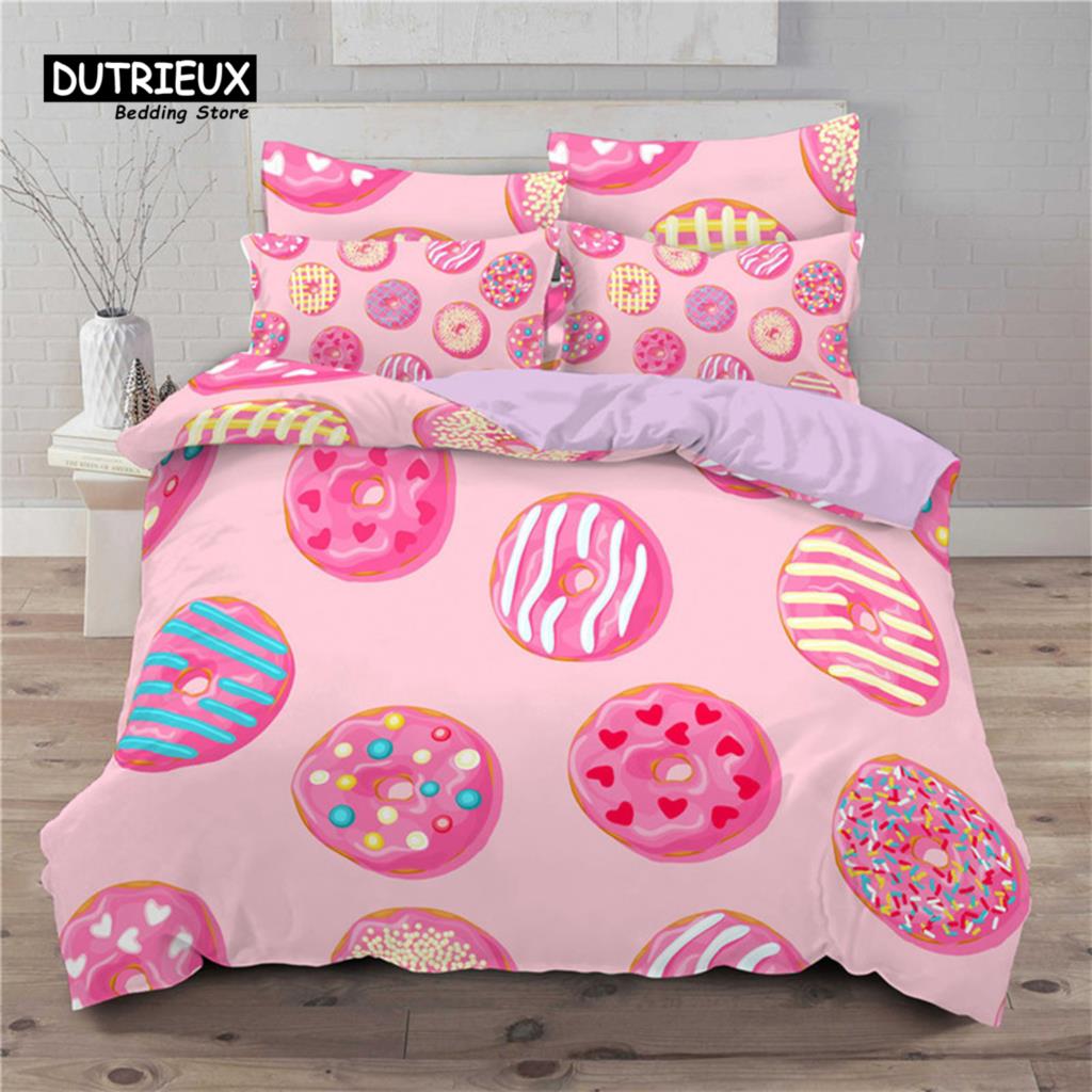 Soft Cute Donuts Duvet Cover Set Dessert Theme Bedding Set For Girls Boys Gifts Microfiber Funny Cartoon Tasty Foods Quilt Cover
