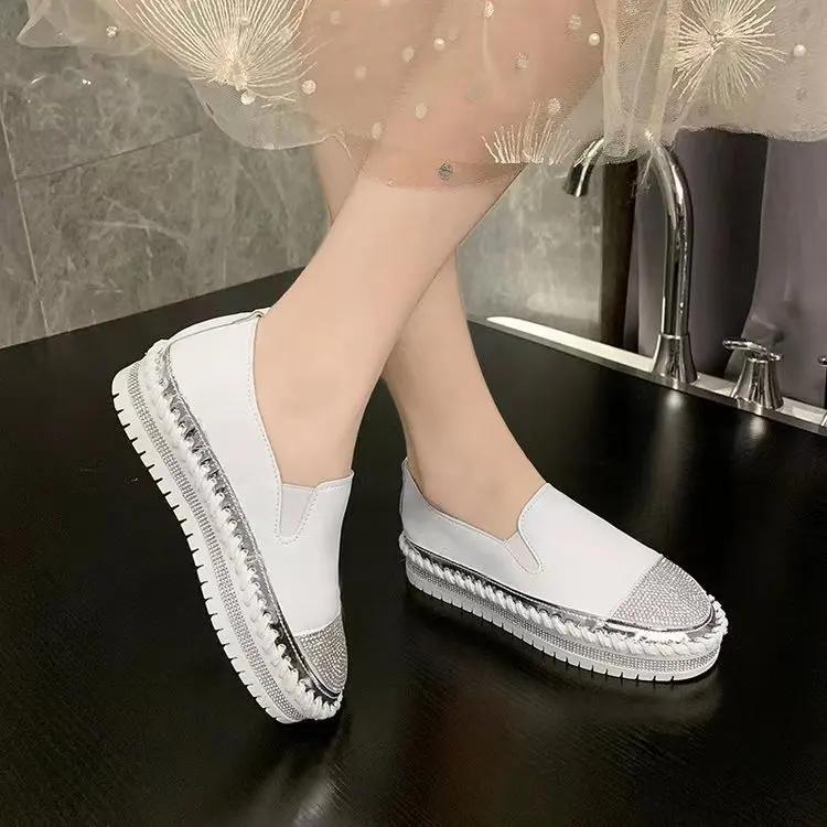 Aphixta Crystals Round Toe Leather Flats Shoes Women Silver Bling Loafers Couple Platform Woman Flat With Students spring autumn