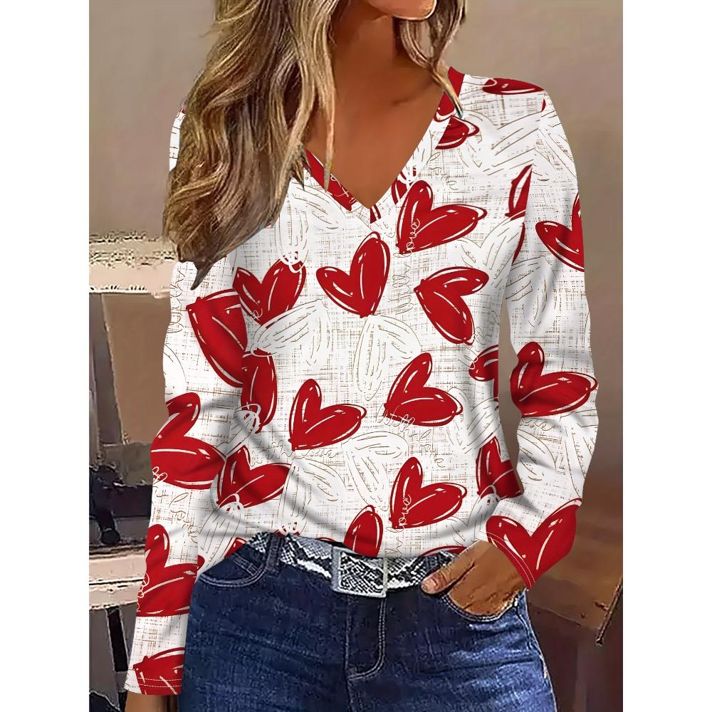 Elegant Vacation Simple Love Painting All Over the Body Breathable Printed V-neck T-shirt Casual Sports Shirt New Women's Top Long Sleeve