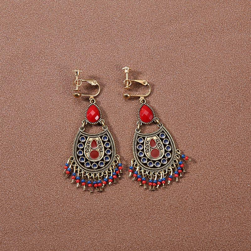 

Spiral Painless Ear Clip Female Ethnic Style Retro Long Tassel Eardrops Bohemia Earrings without Piercing Ear Rings E006-Ear clip