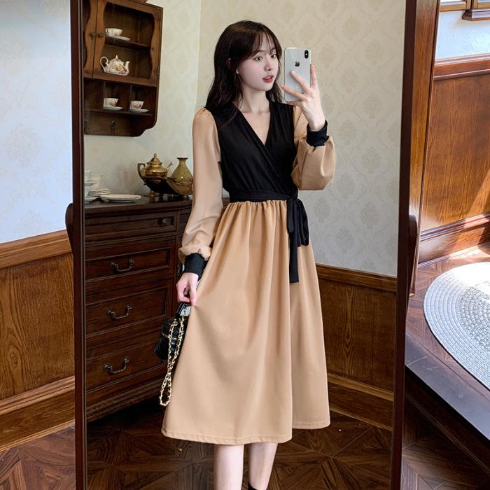 New Two-Piece Lace-Up Color-Block V-Neck Slimming Dress