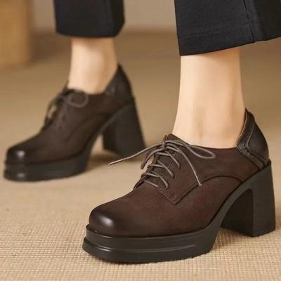 2024 New Fashion Solid Color Shallow Mouth Thick Heel Women's Shoes Round Toe Women's Shoes Lace Up Comfortable To Wear