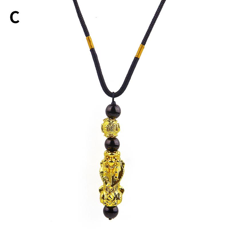 1 Peça Colar Pingente Pixiu para Riqueza Boa Sorte Feng Shui Chinês Fé Colar de Contas de Obsidiana Joia de Moda Unissex