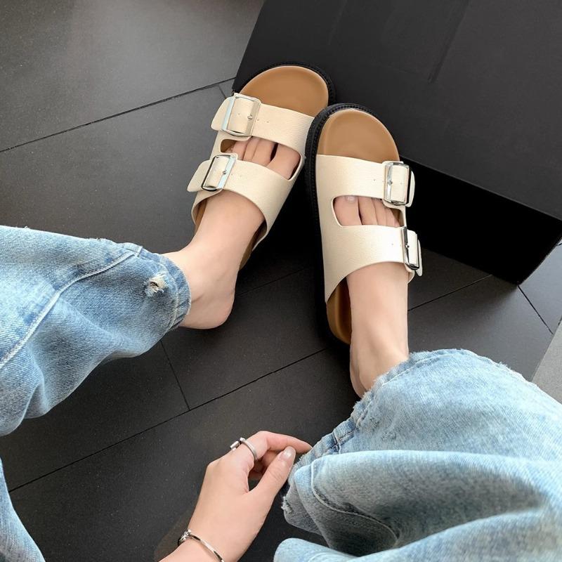 [Shei] Super version~ cowhide retro cork bottom thick bottom buckle with slippers women's sandals