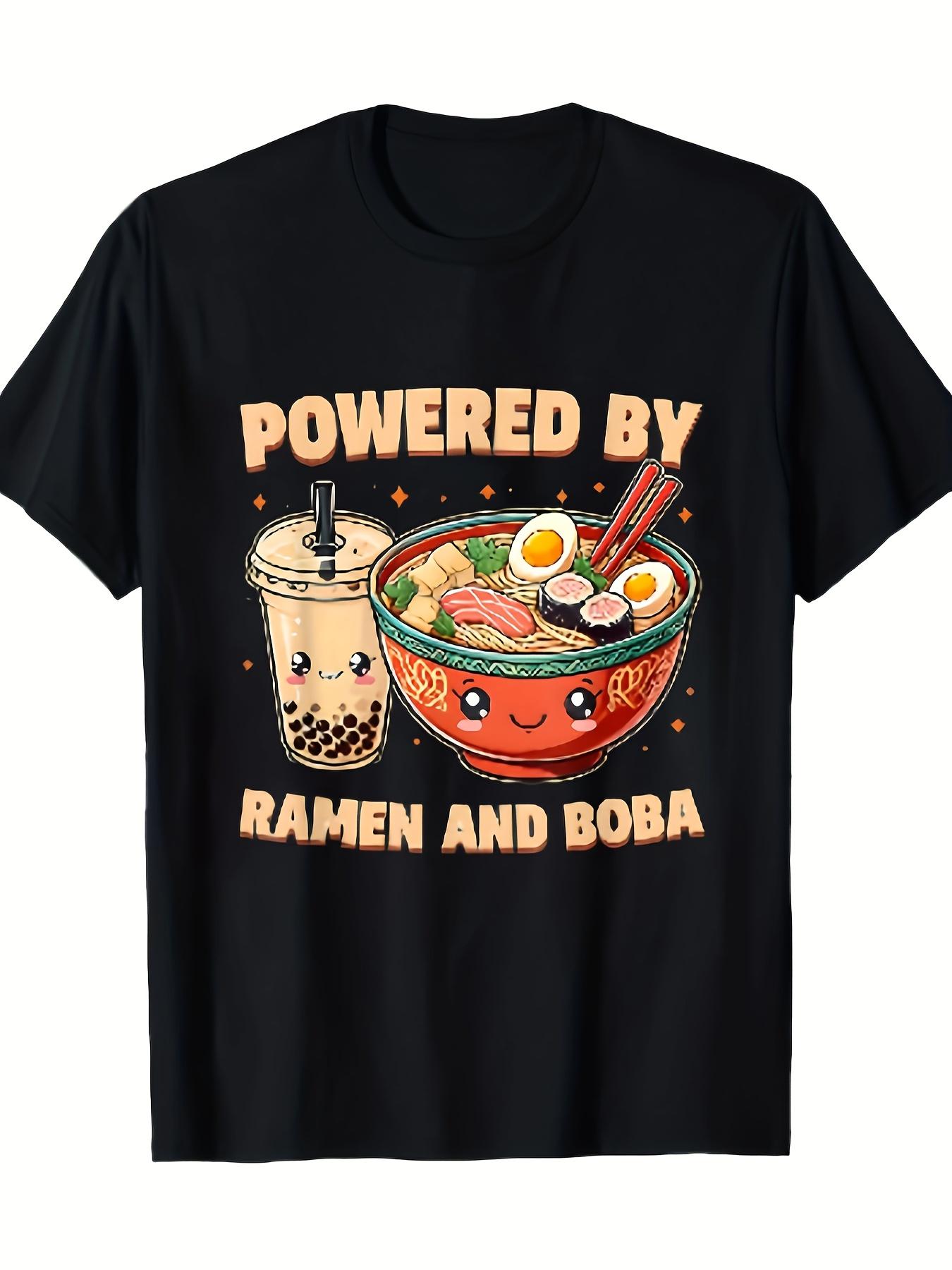 Men S Casual Black Short-Sleeve T-Shirt Featuring Ramen And Boba Prints M