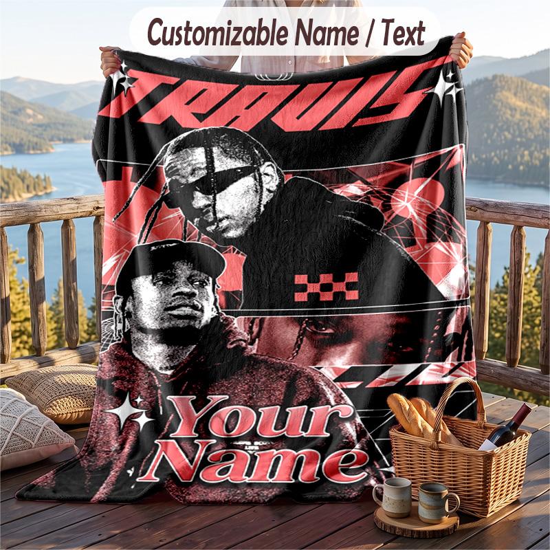 Personalized Flannel Throw Blanket,Travis Scott Custom Printed Name, Cozy Plush Blanket For Home Use