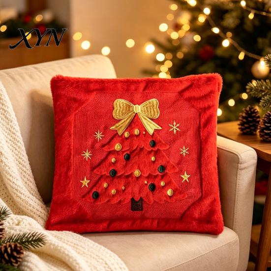 Soft Skin Friendly Cushion Covers Christmas Plush Pillowcase, 3D Embroidered Design Throw Pillow Gifts for Home Cover, Decorative Cover Holiday