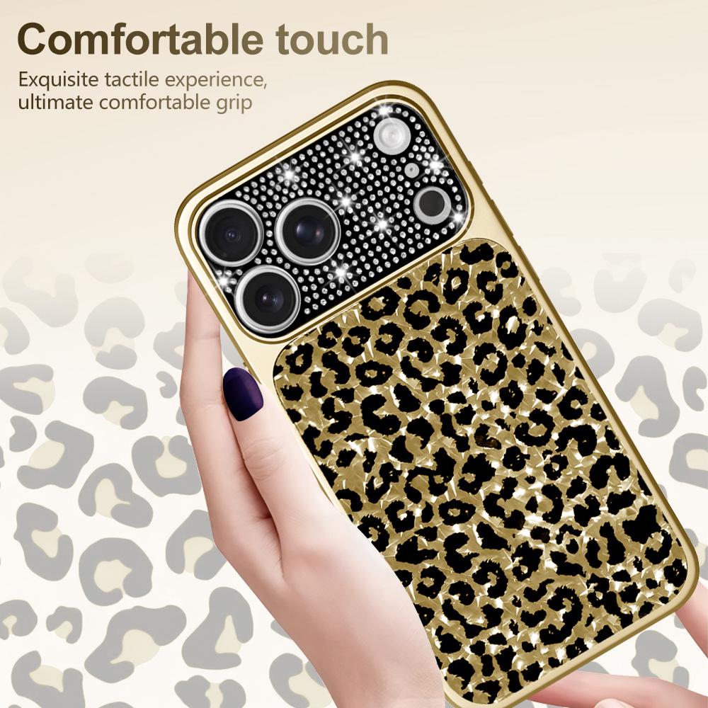 Leopard Print iPhone 17 Pro Max Case with Electroplated Water Flash Diamonds & Lens Protection