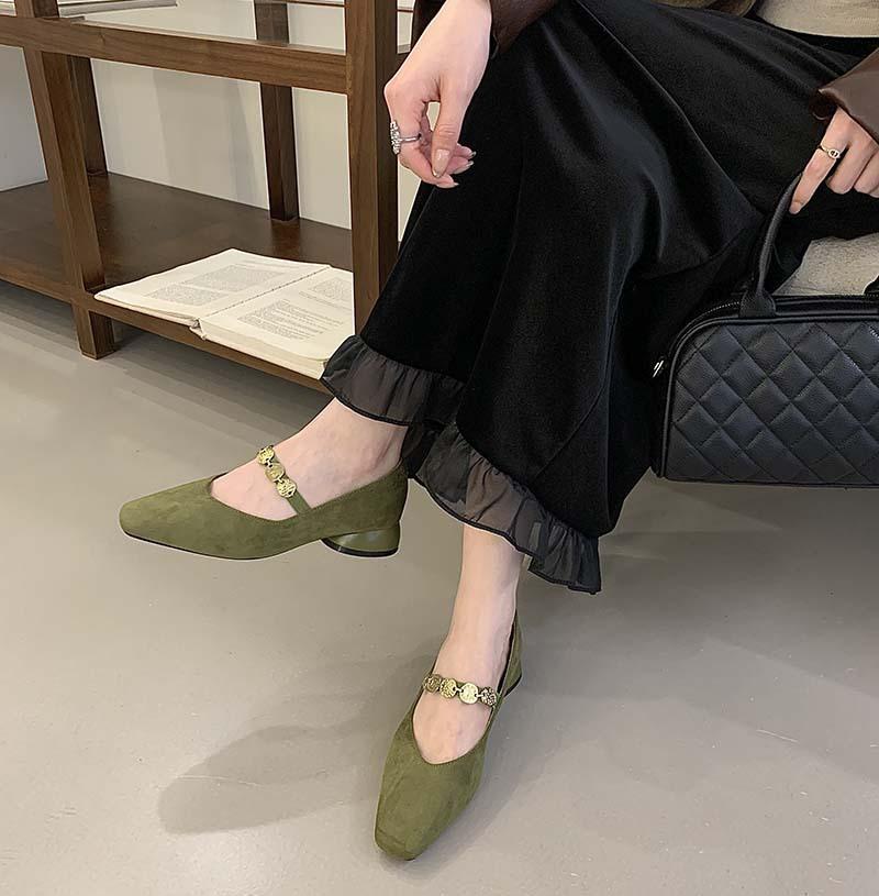 Green shoes shoes women's 2025 new autumn and winter suede square head gold coin chain velvet Mary Jane women's shoes