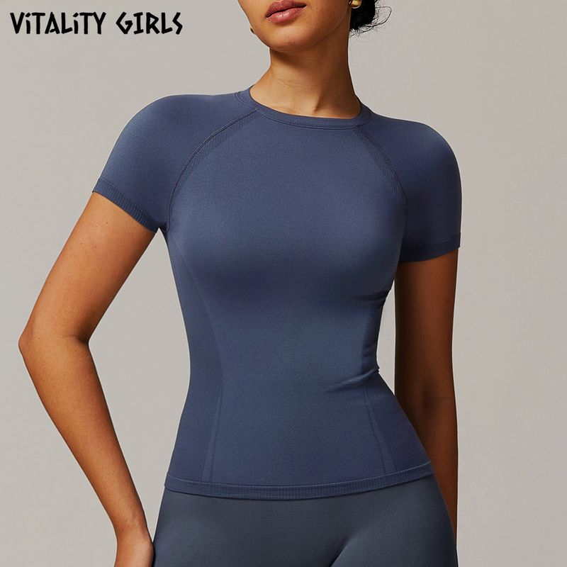 

Vitality Girls Sports Fitness Short Sleeve Women s Quick-Drying Lightweight Breathable Sweat Absorbing Outwear Training T-shirt Slim Looking Blue-Gray S