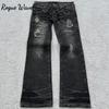 RogueWave Vintage Dobbel midje Snøring Micro Flare Damejeans Y2K Vasket Vidde Ben Amerikansk Stil Denim Bukser Baggy Streetwear
