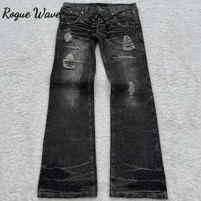 RogueWave וינטג' ג'ינס נשים מיקרו מתרחב עם מותן כפול ושרוכים Y2K מכנסי דנים רחבי רגליים בסגנון אמריקאי בגדי רחוב רחבים