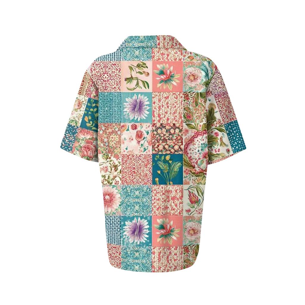 Women Fashion Casual Short Sleeve Waffle Knit Polo Collar Top with Patchwork Floral Print Loose Fit Button Down Shirt