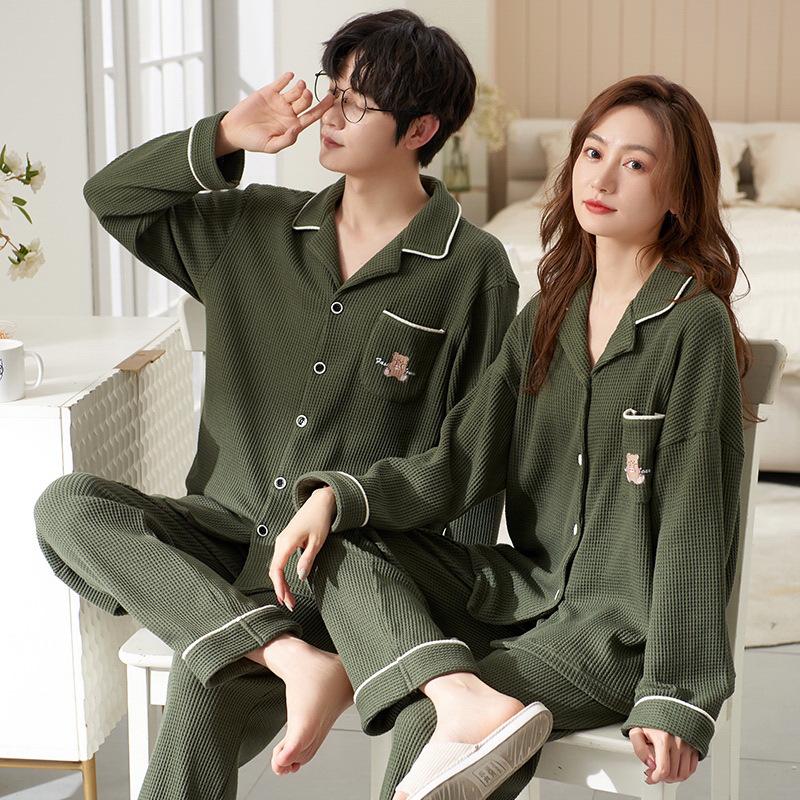 Spring & Autumn Couple Pajamas Set: Long Sleeve, Long Pants, Front Button Lapel Cardigan for Men & Women