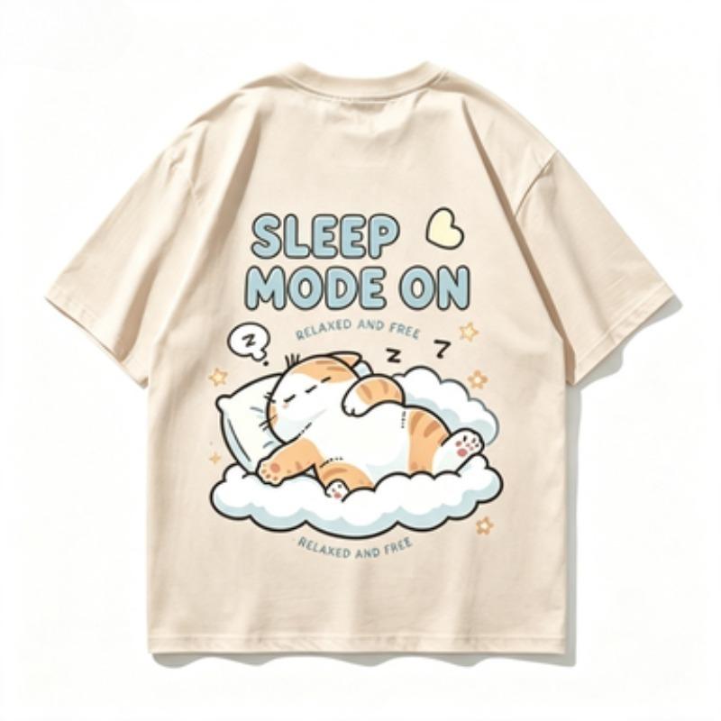 Sleep Mode On Graphic Tshirt Unisex Cute Sleeping Cat On Cloud Print Oneck Short Sleeve Loose Casual Summer Streetwear Tops
