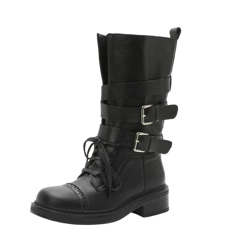 2025 autumn and winter new medium tube retro British style belt buckle lace-up Martin boots women's thick-soled heightening western boots women