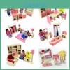 Entzückendes Holzpuppenhaus-Möbelset für Kinder mit farbenfrohen Schlafzimmer-, Küchen- und Wohnzimmer-Accessoires