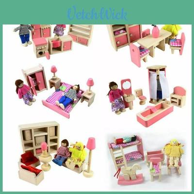 Adorable Wooden Dollhouse Furniture Set For Kids Featuring Colorful Bedroom Kitchen And Living Room Accessories